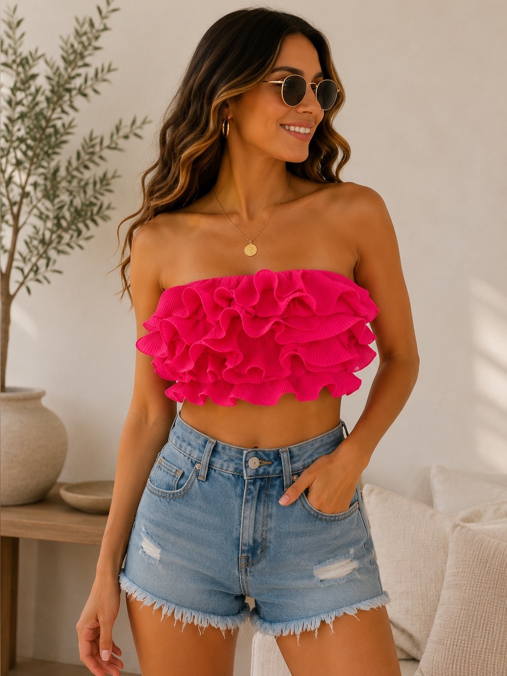 NWT Zara Hot Pink Tiered Ruffle Mini Top